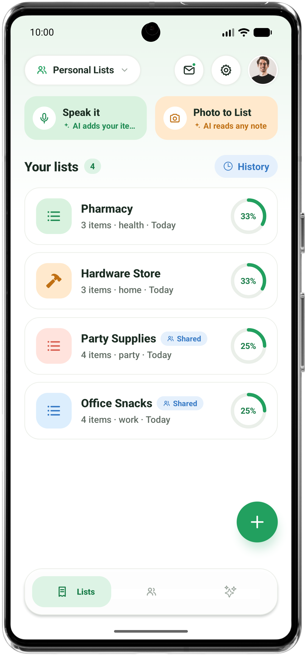 Lysta home screen with personal and shared grocery lists