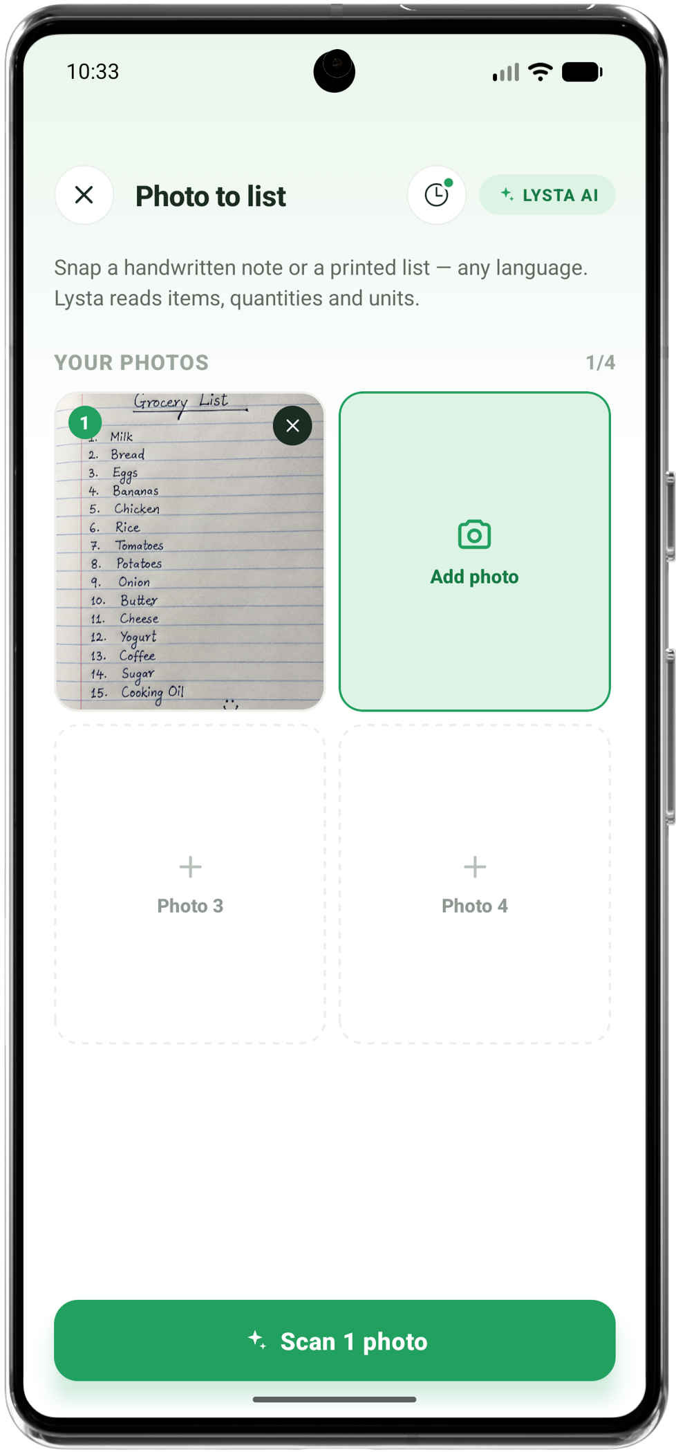 Lysta Photo to List screen