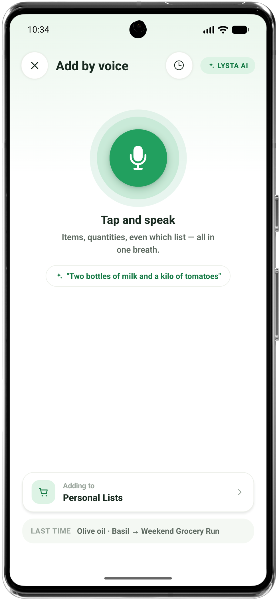 Lysta voice input screen
